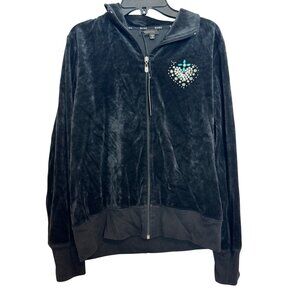 Vintage Y2K BCBG Max Azria Womens Velour Hoodie Jacket M Black Rhinestone Embell